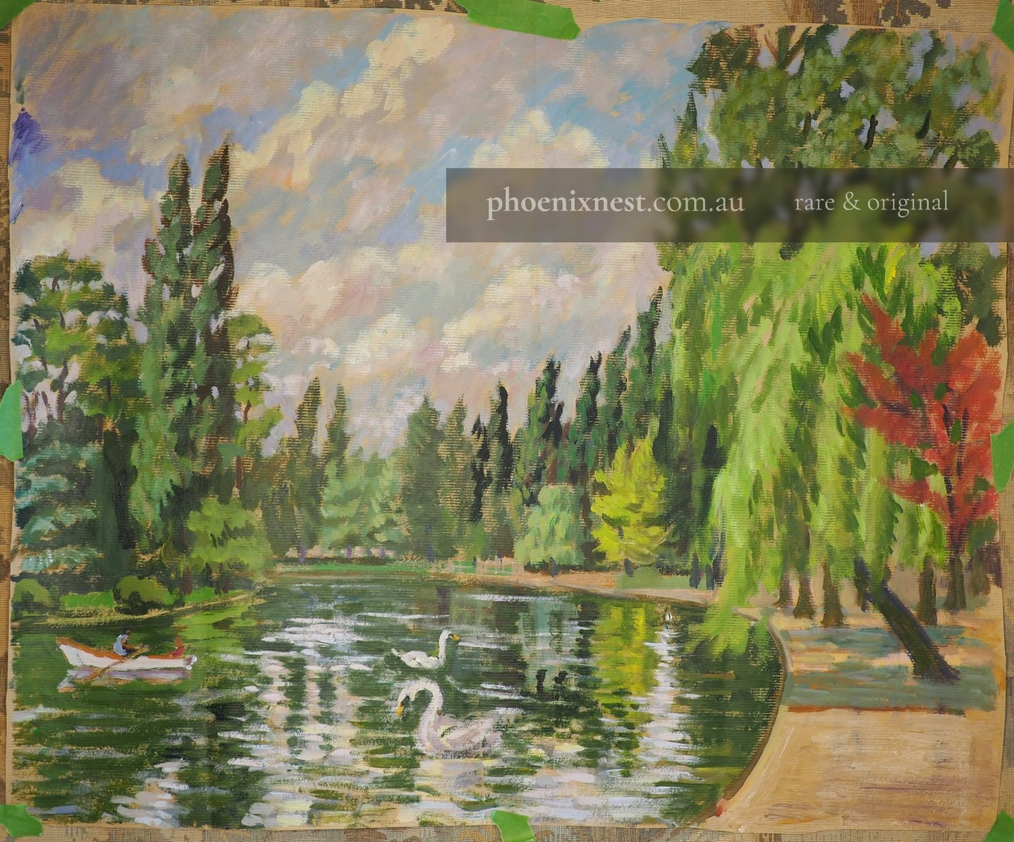 Park with Swans and Moored Boat — French School