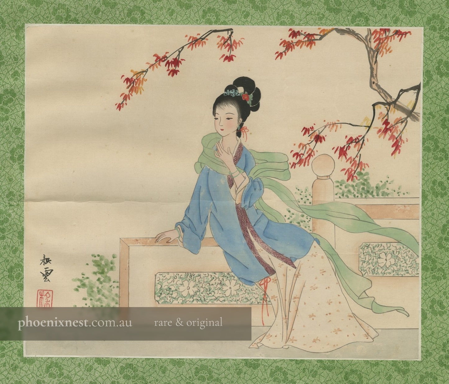 Lady by a Balustrade with Autumn Leaves — Chinese School
