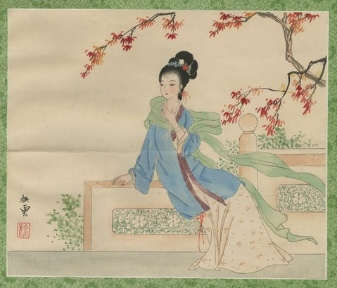 Lady by a Balustrade with Autumn Leaves — Chinese School
