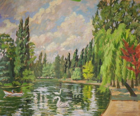 Park with Swans and Moored Boat — French School
