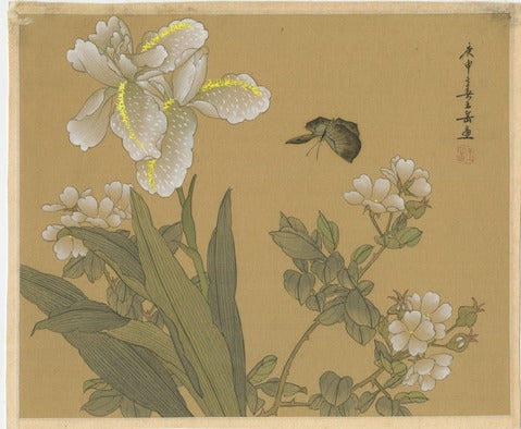 Irises and Wild Roses with Butterfly