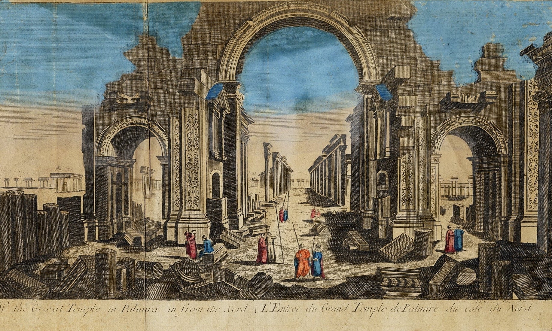 Illustration of classical ruins with people in the foreground, likely from a historical or architectural context.